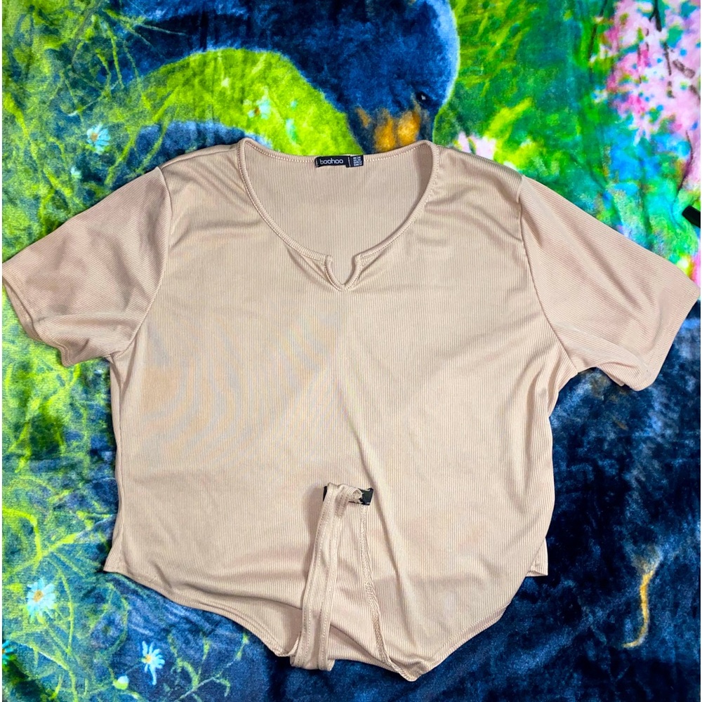 Boohoo Plus Size Tan Short Sleeve Solid Ribbed Bodysuit